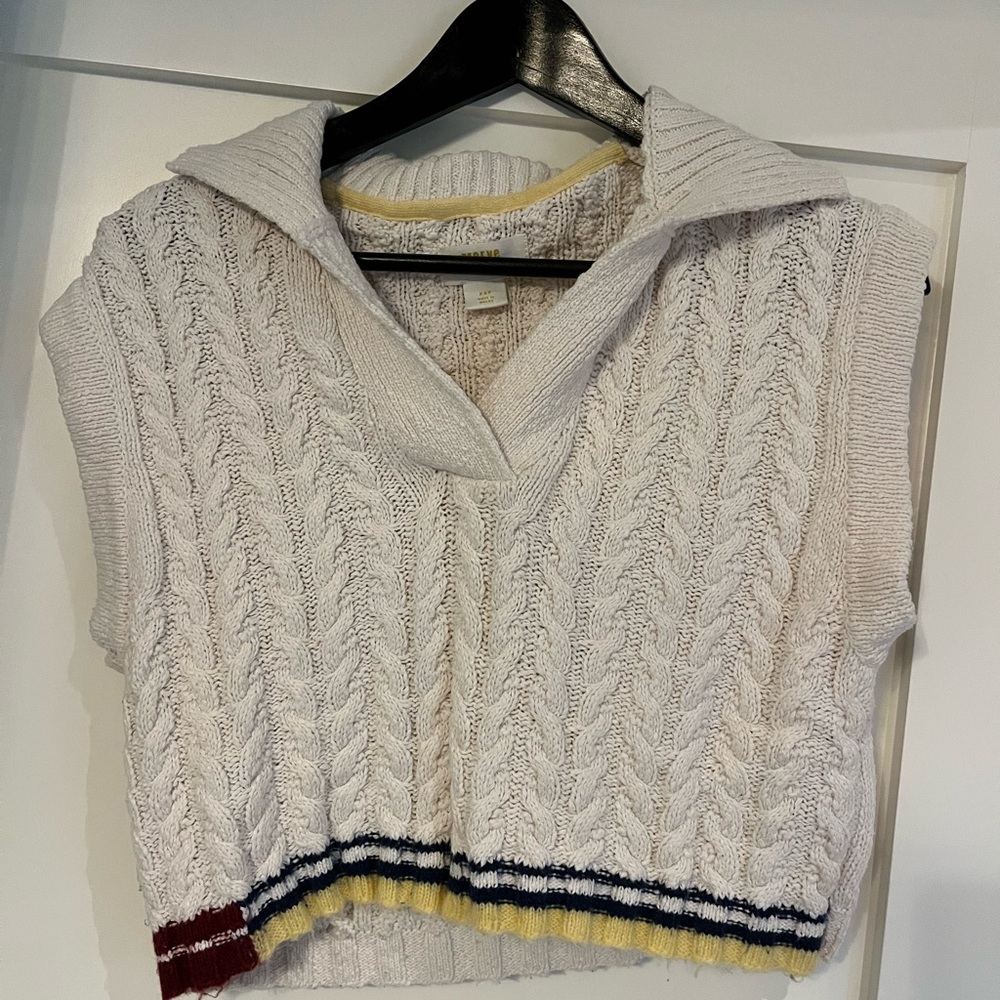 Anthropologie Maeve Cream Cable Knit Sleeveless Polo vest with Trim - Picture 7 of 10